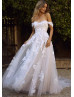Off Shoulder Ivory Lace Tulle Wedding Dress With Champagne Lining